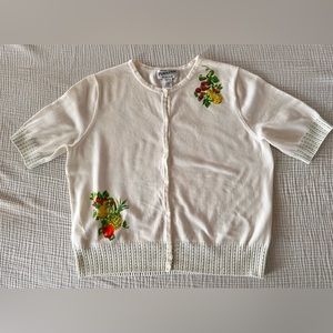 Pendleton cardigan, white flower fruit embroidery, short sleeve spring summer